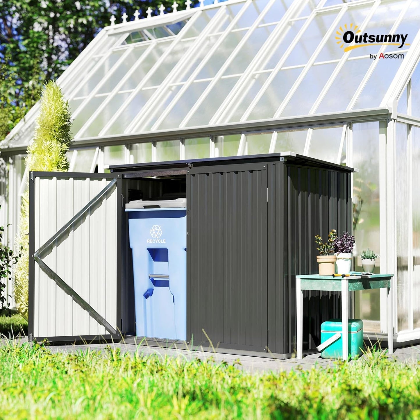 Outsunny afvalcontainerbox voor 2 containers met slot en openklapbaar deksel - Weerbestendig - Donkergrijs - Verzinkt staal - QUORE
