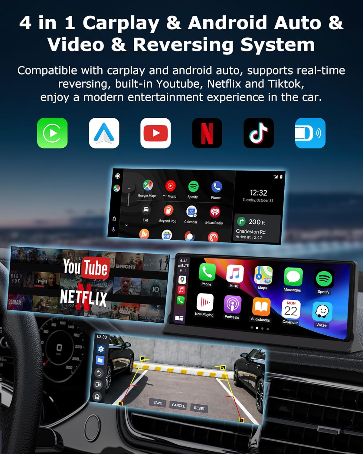 【4-in-1】Carplay Android Auto Scherm voor in de Auto met YouTube/Netflix/Tiktok, Exclusieve Houder 10,26 inch Carplay-scherm Car Play Autoradio met Achteruitrijcamera Dual-band WLAN, Bluetooth