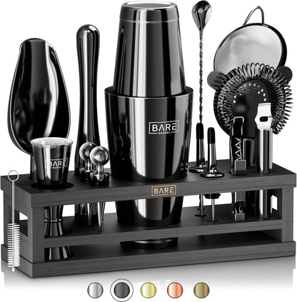 Cocktailset Zwart – Bartenderset – Cocktailshakerset – Barset – Cocktailcadeauset – 16-Delig Met Bamboe Standaard – 35 Receptkaarten