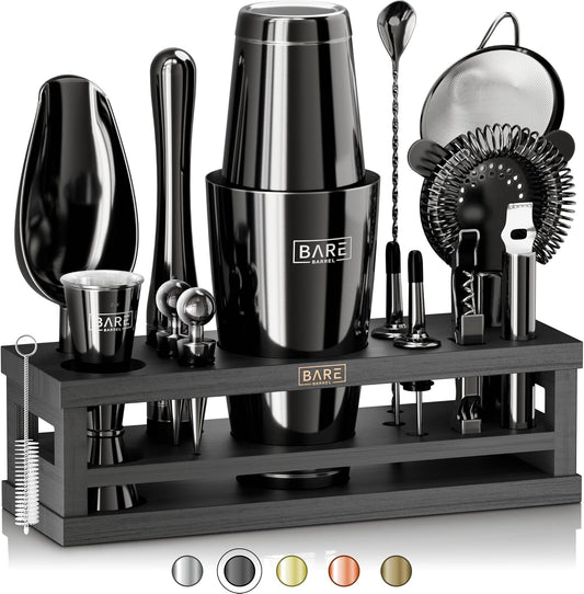 Cocktailset Zwart – Bartenderset – Cocktailshakerset – Barset – Cocktailcadeauset – 16-Delig Met Bamboe Standaard – 35 Receptkaarten