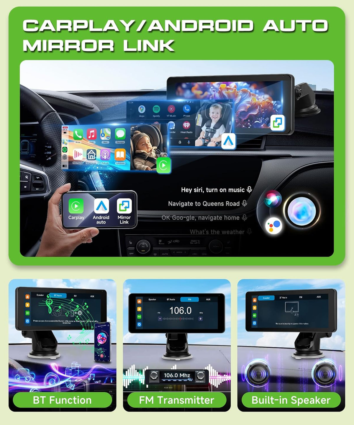 Dual Baby Car Camera for 2 Children with 6.86 Inch Split Screen HD 720P with Carplay Android Car, 360° Rotatable Night Vision, Safety Car Seat Mirror Camera, Suction Cup Holder, 64G SD - QUORE
