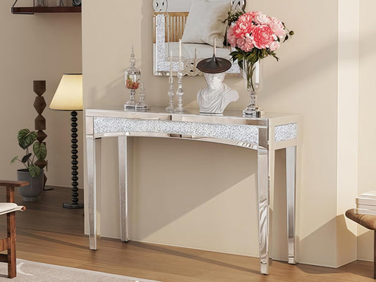 Consoletafel met spiegeloppervlak: 120 x 35 x 80 cm, moderne zilveren haltafel van glas met glanzende diamanten, luxe decoratie voor hal, kaptafel, woonkamer, slaapkamer