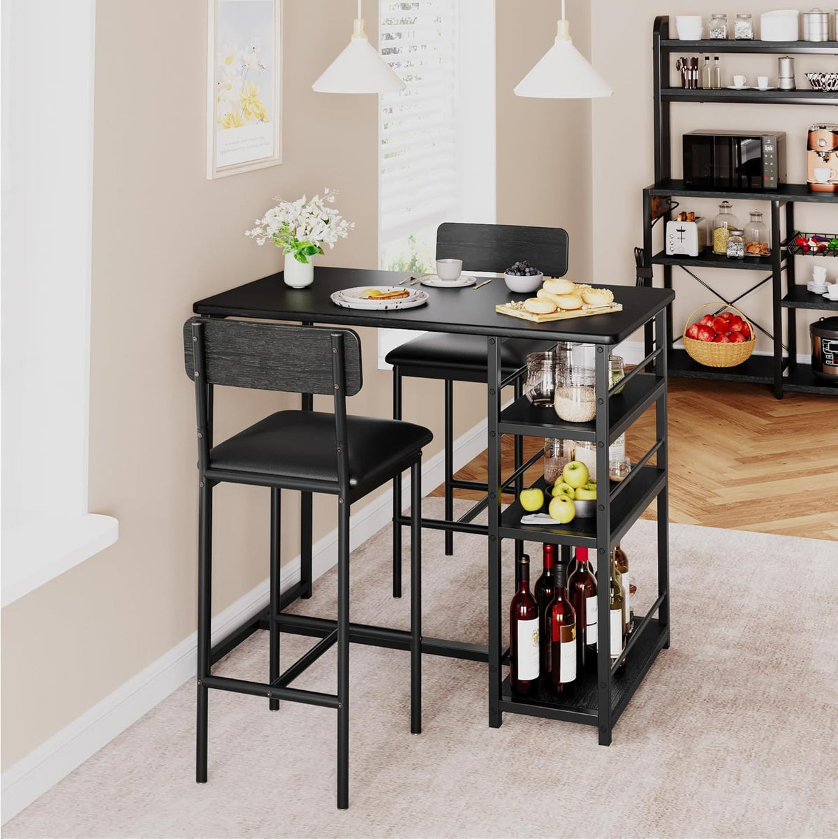 Bartafel set 3-delig, eettafel met 2 stoelen voor keuken, eetkamer, bistro, enz. Bartafel met barkrukset, statafel met metalen frame keukentafel en 2 stoelen met rugleuning en bekleding (zwart)