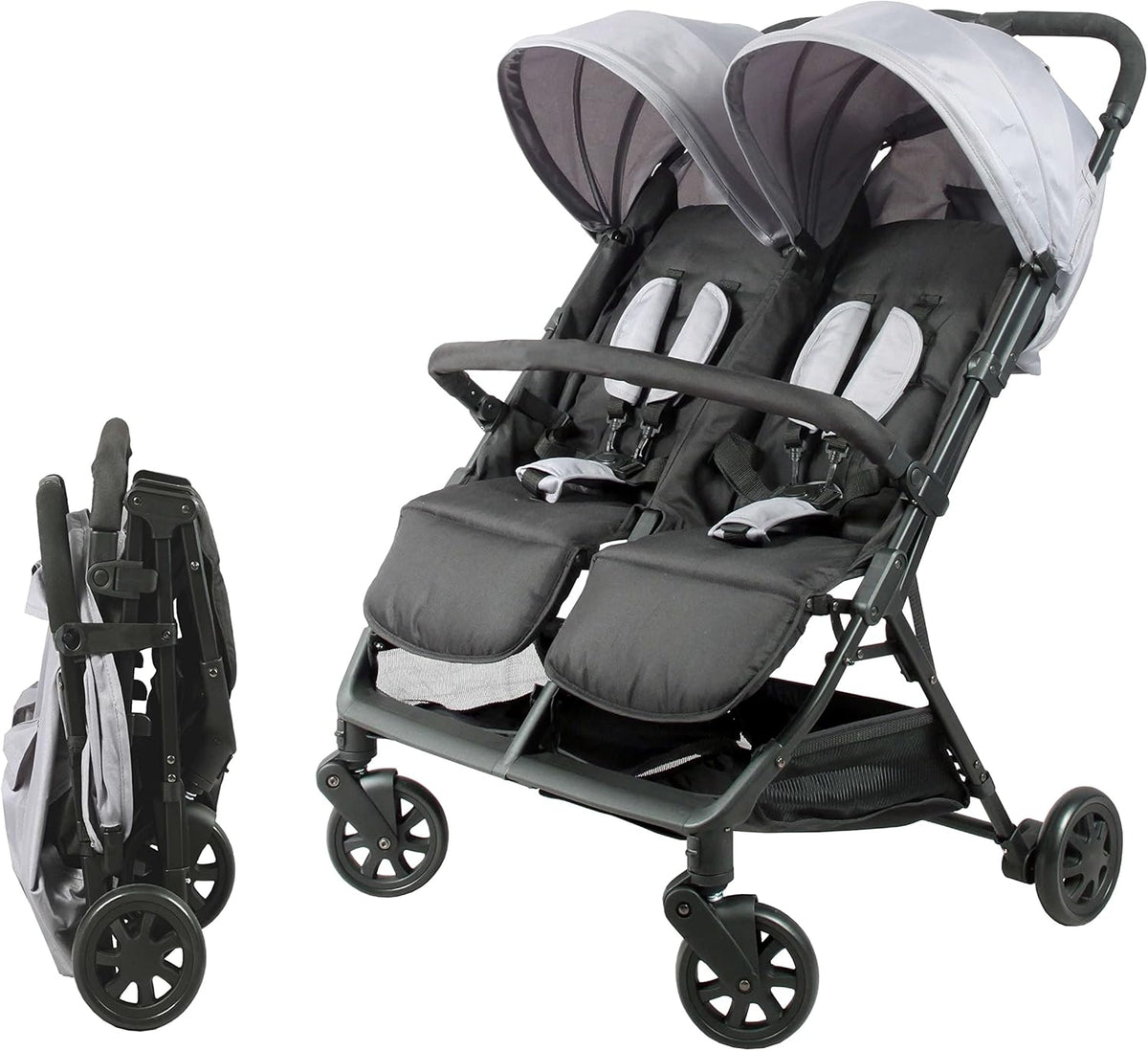 Bambisol Dubbele kinderwagen naast elkaar, ideaal voor tweelingen vanaf de geboorte, met ultracompacte vouwing, kleur: zwart en grijs