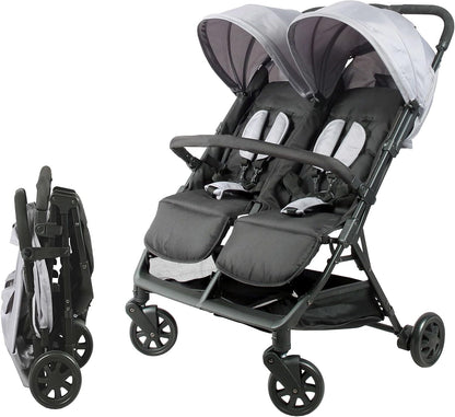 Bambisol Dubbele kinderwagen naast elkaar, ideaal voor tweelingen vanaf de geboorte, met ultracompacte vouwing, kleur: zwart en grijs