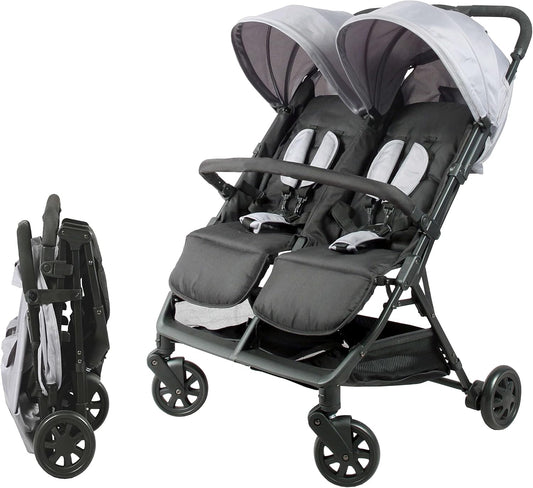 Bambisol Dubbele kinderwagen naast elkaar, ideaal voor tweelingen vanaf de geboorte, met ultracompacte vouwing, kleur: zwart en grijs