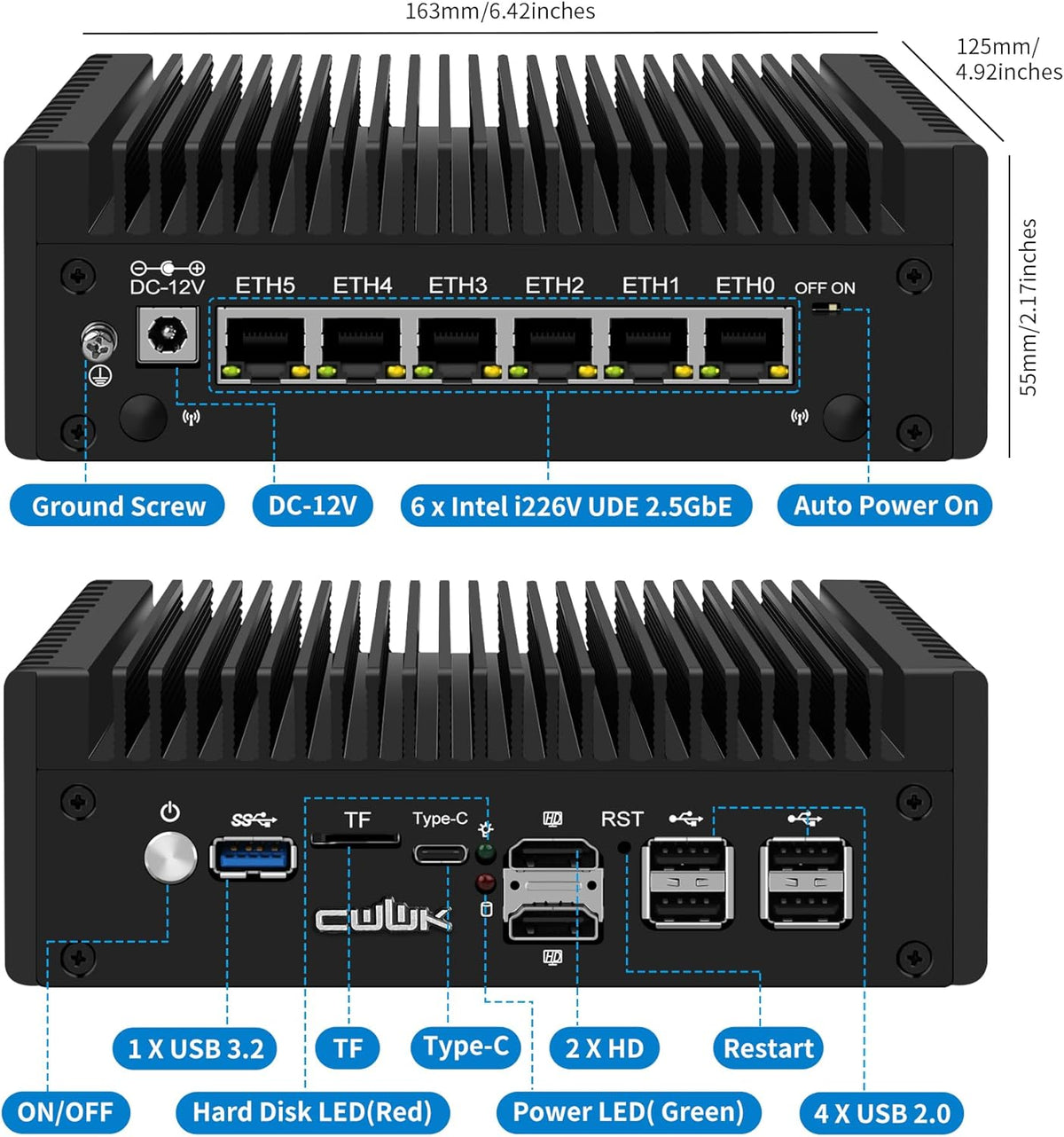 Mini PC N150 (Upgraded N100) Firewall Appliance, OPNsense Mini Computer with 6 Port i226-V 2.5GbE LAN, F5 Fanless Micro PC DDR5 8GB RAM 128GB NVMe SSD, USB Type-C, 3-Display