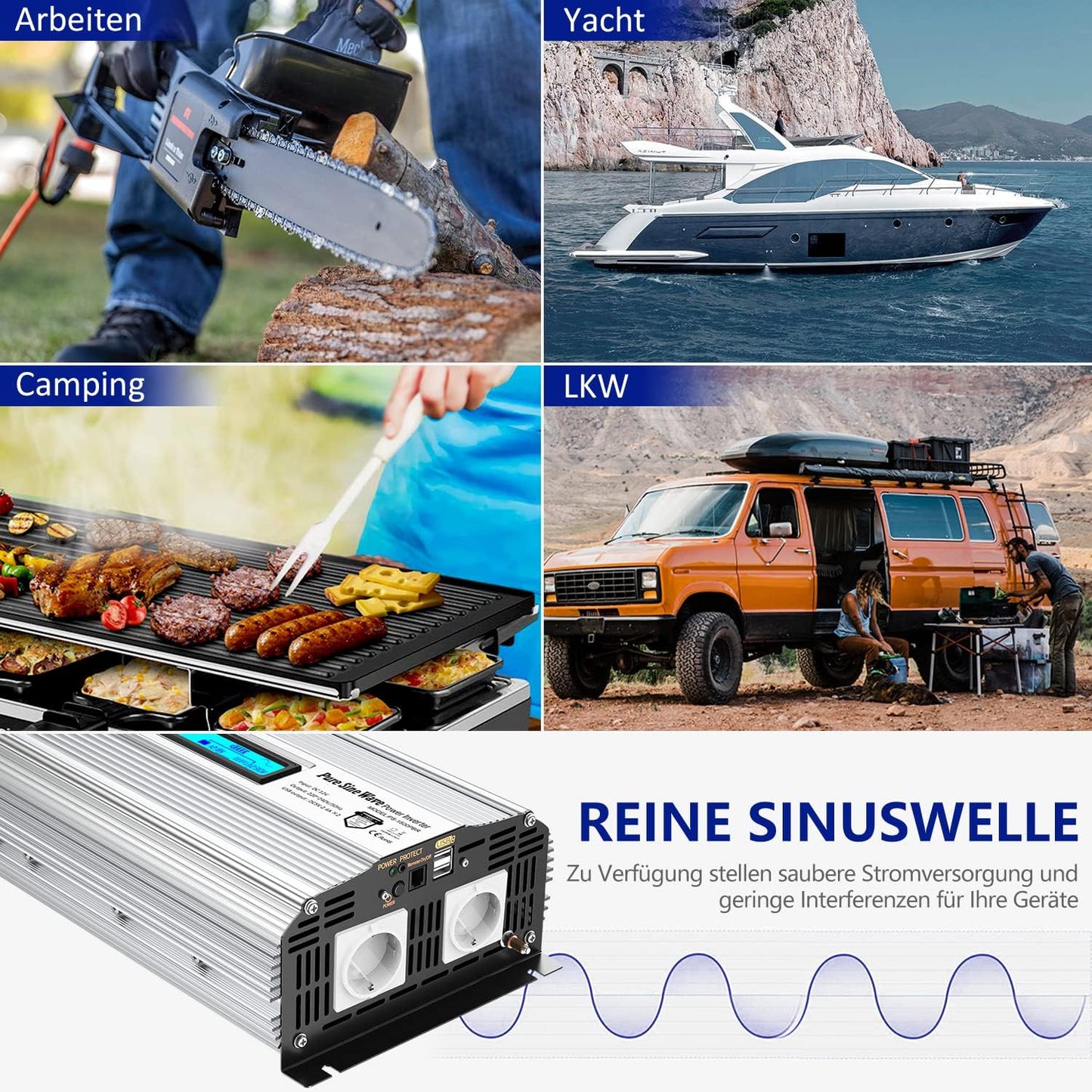 GIANDEL 1500 W zuivere sinus omvormer, DC 12 V naar AC 230 V, spanningsomvormer, power inverter met 2,4 A dubbele USB-poorten en afstandsbediening en lcd-display voor camper vrachtwagen