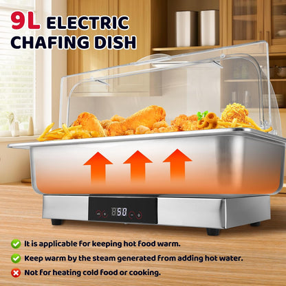 YUCHENGTECH Elektrische Chafing Dish Buffetset 9L Roestvrijstalen Chafing Dishes Voedselverwarmers met Temperatuurregeling en Doorzichtig Roldeksel voor Catering, Bruiloften, Restaurants