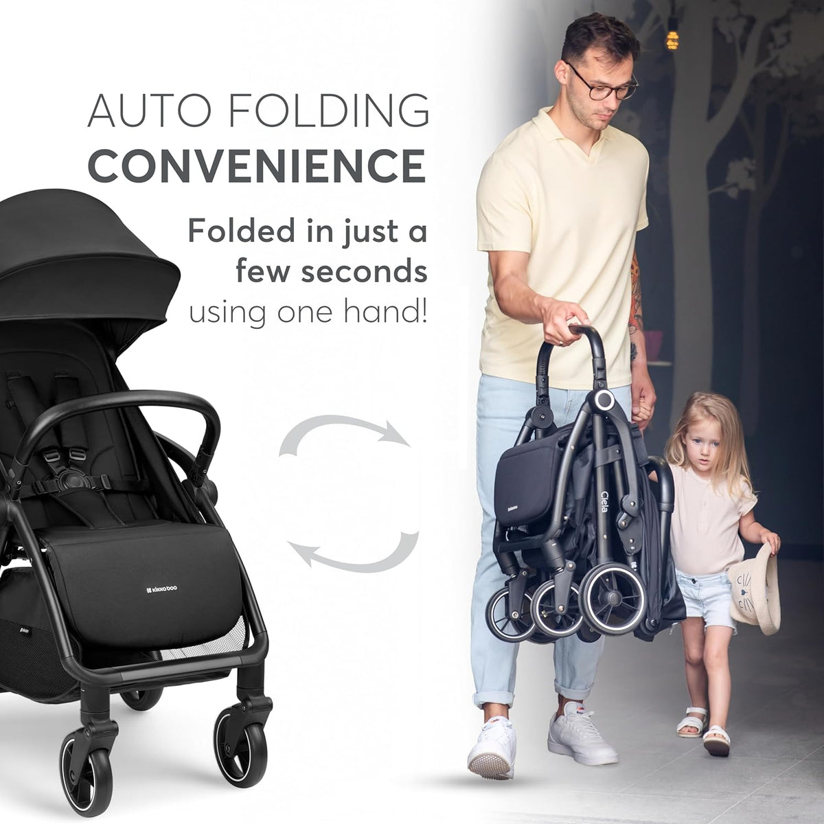 KikkaBoo CIELA Kinderwagen, buggy tot 22 kg, automatisch opvouwen, verstelbare rugleuning, gering gewicht, compact, cabinemaat, zwart