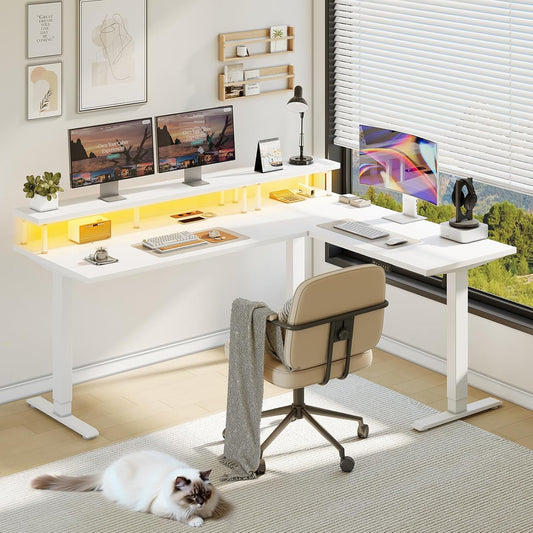 OffiGo Desk Height Adjustable, 150 x 120 cm Corner Desk Electric Standing Desk with Monitor Holder, L-Shape Electric Standing Desk with Power Outlets, Computer Desk with LED for Office, White - QUORE