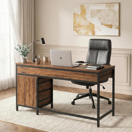 Bureau – Werkplek – Computer Tafel – Gaming Desk – Thuiswerkplek – Industrieel Design – 130x45x82 cm – 5 Laden Opbergruimte - QUORE