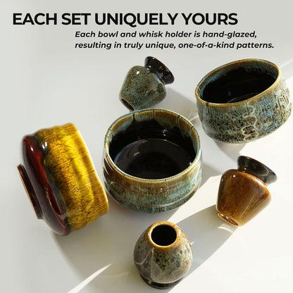 Gele Japanse Matcha Set: Bamboe Whisk & Scoop, Keramische Bowl & Garde Houder, 30g Ceremonieel Poeder, Zeef | Traditionele Starter Gift Set