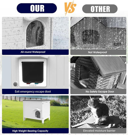 HiCaptain Kattenhuis, outdoor, winterbestendig, voor katten, kunststof verwilderd, outdoor kattenhuis, puppyverblijf voor kleine en middelgrote huisdieren, box voor huisdieren, wit