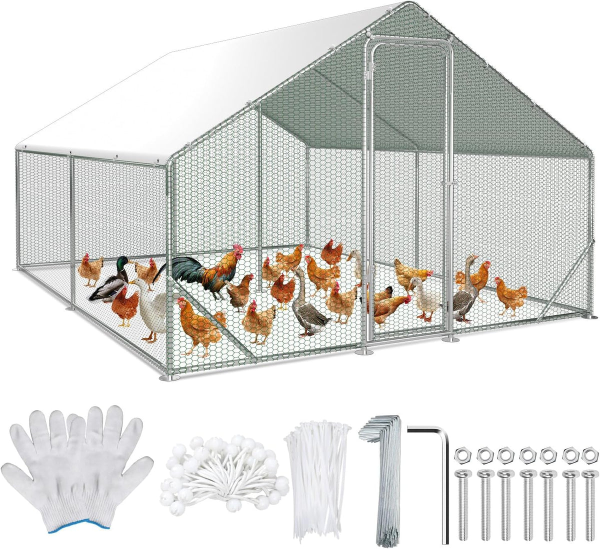 Chicken Coop Outdoor Run 3 x 4 x 2 m, Galvanised Steel Chicken Coop with Door and Lock for Chickens, Rabbits, Geese, Pigeons and Quails, Metal Run with Net - QUORE