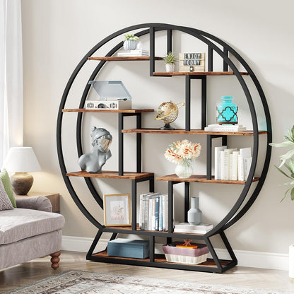 Tribesigns Round Bookcase, 5 Tiers Standing Storage Stand, 160cm High, Rustic Open Organizer for Home, Office, Living Room, Brown