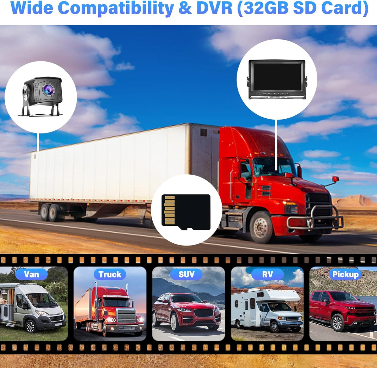 Hikity Achteruitrijcamera, set van 2 camera's, 9 inch lcd-monitor, groothoek, nachtzicht, IP69 waterdicht, 1080p backup camera, 32G SD-kaart voor vrachtwagen, aanhanger, bus, bestelwagen, landbouw,