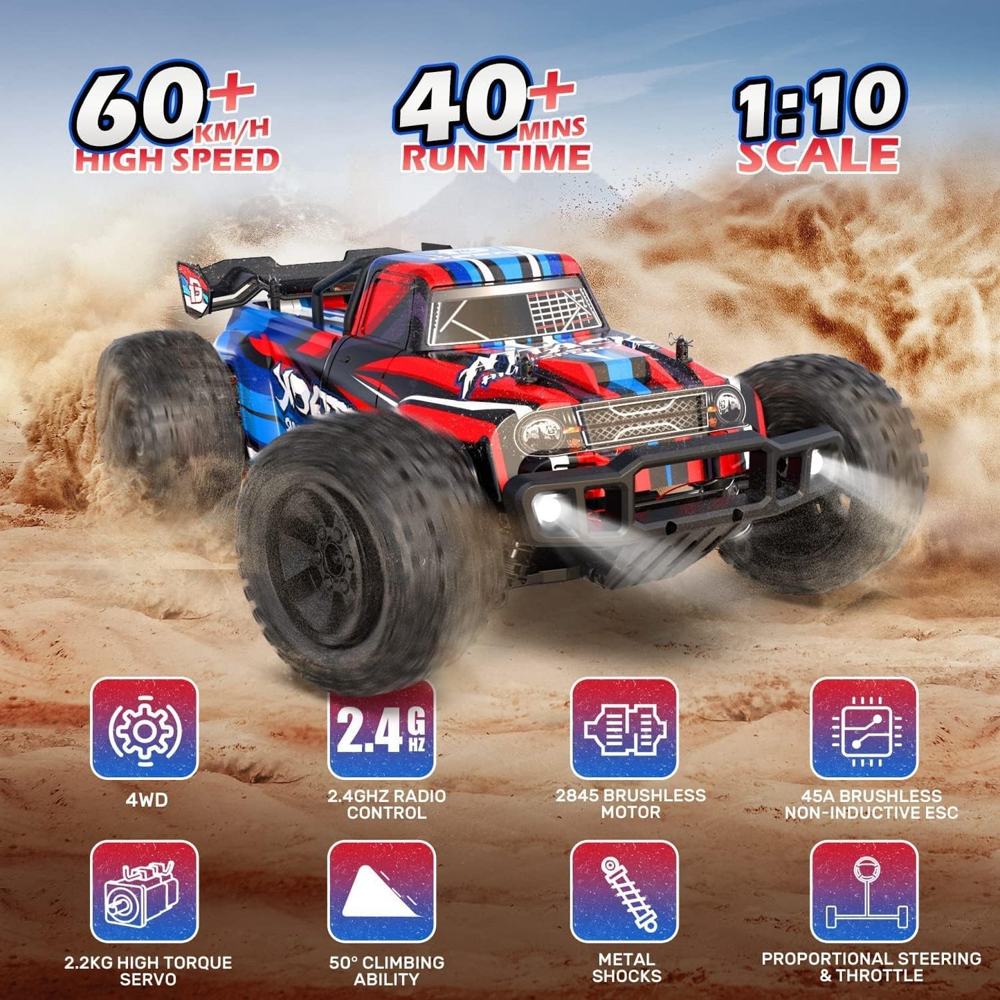 DEERC Op afstand bestuurde auto, schaal 1:10, snelle borstelloos, voor volwassenen, 4WD 60+ km/u, hoge snelheid, 2,4 GHz, off-road RC crawler, 40+ minuten speeltijd, cadeau voor jongens (210E)