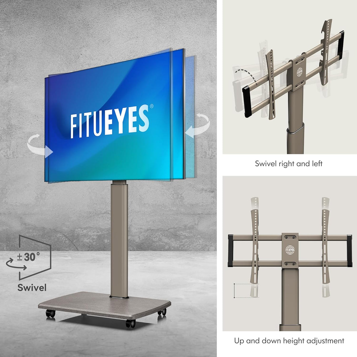 Fitueyes Tv-vloerstandaard, rolbaar, met houten plank, tv-standaard met wielen, in hoogte verstelbaar, draaibaar, voor 32 tot 70 inch (81 - 180 cm) flatscreen, tot 40 kg Maximaal VESA: 400 x 600 mm.