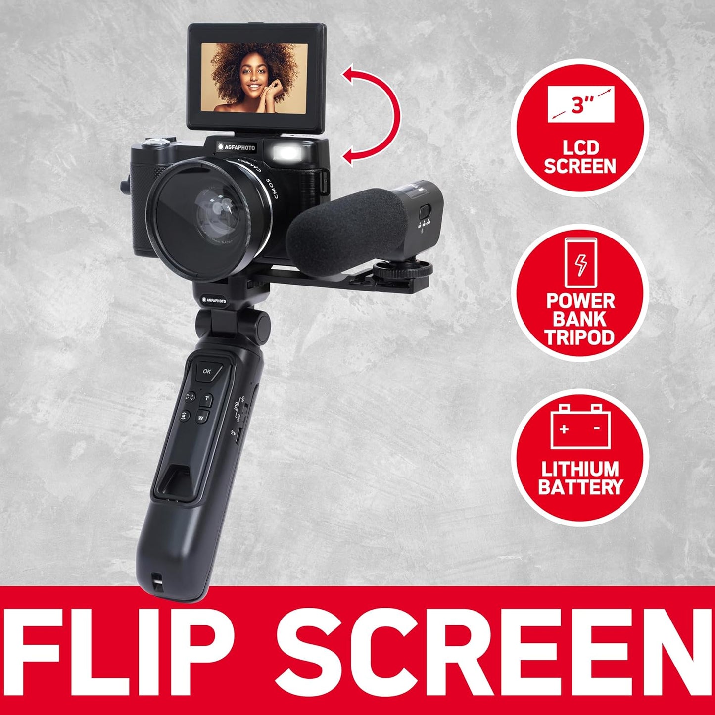 AgfaPhoto Realishot VLG-4K Vlogging-kit, 24 MP camera, 4K video, 3 inch LCD-display, 16 x digitale zoom, CMOS-sensor, lithiumbatterij, zwart