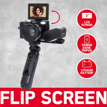AgfaPhoto Realishot VLG-4K Vlogging-kit, 24 MP camera, 4K video, 3 inch LCD-display, 16 x digitale zoom, CMOS-sensor, lithiumbatterij, zwart