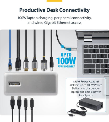 StarTech Dual-Monitor USB-C Docking Station, HDMI, 4K 60Hz, 100W Laptop Charging, 1GbE, Driverless, Multi-Monitor Dock