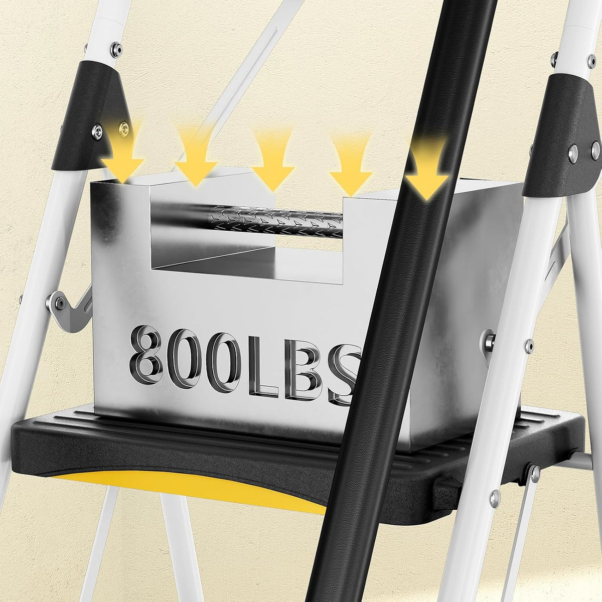 5-traps ladder met gereedschapsbak, opvouwbare stalen opstapkruk met veiligheidsslot en leuning, brede antislip pedalen, 150 kg draagkracht, draagbare ladder voor keuken, kantoor, thuis
