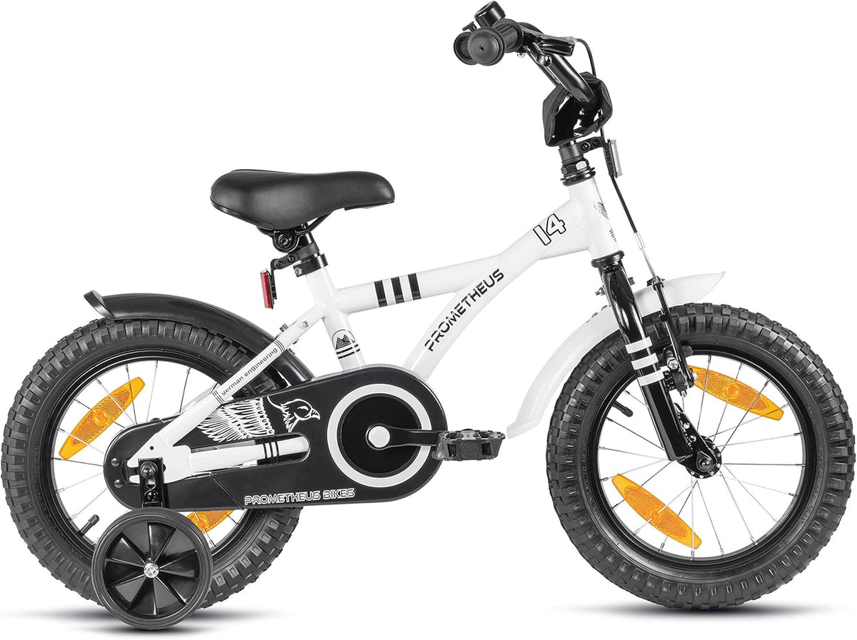 PROMETHEUS BICYCLES kinderfiets 14 inch fiets jongens meisjes van 4 jaar oude met zijwieltjes terugtraprem in wit BMX