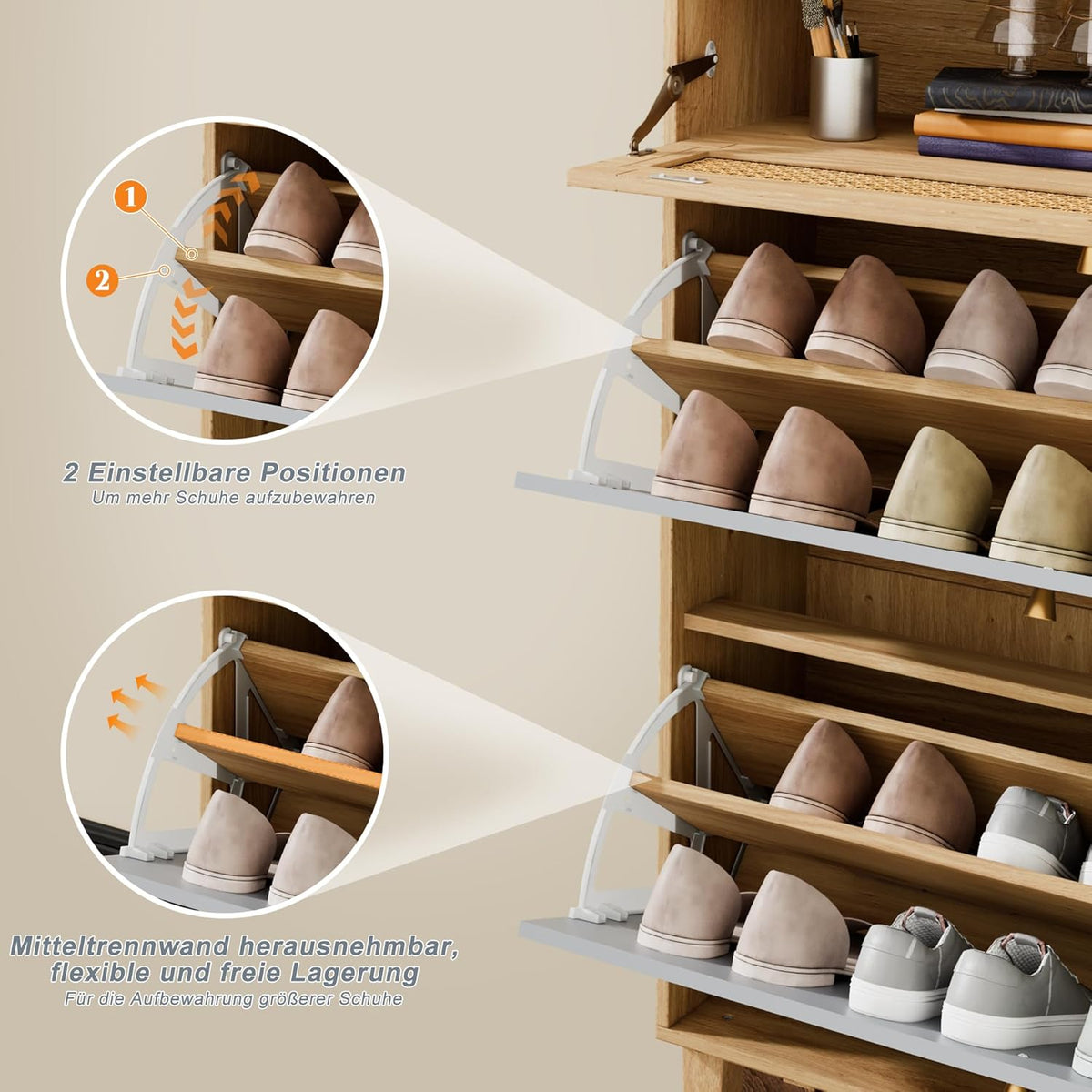 Schoenenkast – Schoenenrek – Entrekast – Schoenopberger – Schoenmeubel – Compact Ontwerp – Verstelbaar Binnenrek – Grijs en Naturel