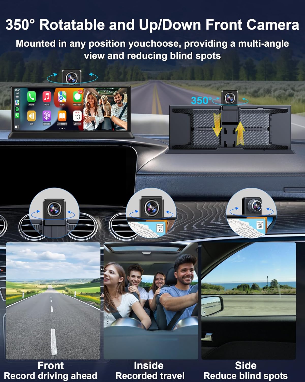 27,9 cm (11,26 inch) HD Touch Car Play Auto, 4K display, Carplay auto met 350° frontcamera, 64G SD-kaart, Carplay Android Auto Car Play Co.che voor GPS-navigatie, G-Senor Loop-opname