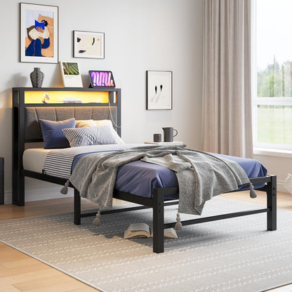 3ft eenpersoonsbedframes met opberghoofdeinde, laadstation/LED-verlichting, metalen gestoffeerd platformbedframe eenpersoons, geen boxspring nodig, ondersteuning voor sterke metalen