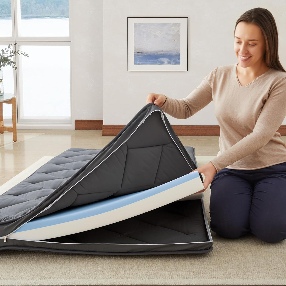 Enkele oprolbare vloermatras, traagschuim, opvouwbare bedmatrastopper, machinewasbare hoes, slaapkussen, draagbaar (190 x 97 x 10 cm) grijs