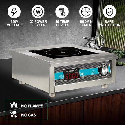 Commerciële inductiekookplaat, 5000 W, 220 V ~ 240 V, professionele commerciële inductiekookplaat met 20 standen, 60-260 °C, 18-uurs timer, roestvrij staal en glas, voor gastronomie, restaurant