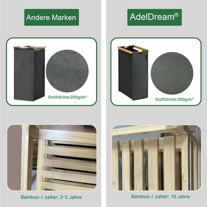 ADEL DREAM Wasmand, 4 vakken, wasverzamelaar, 140 liter, wasboxen met mand, wassorteerder met 2 waszakken en 2 stoffen boxen met plank, waszak, bamboe, wasrek, wasbox, laundry basket, donkergrijs