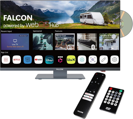 Falcon 24 inch TV WebOS SMART TV Wifi Camping – 12V/24V, geïntegreerde dvd-speler, Bluetooth 5.0, USB, streaming, Freeview, Netflix, Prime Video, pitch perfecte televisie voor camper, camper IPTV