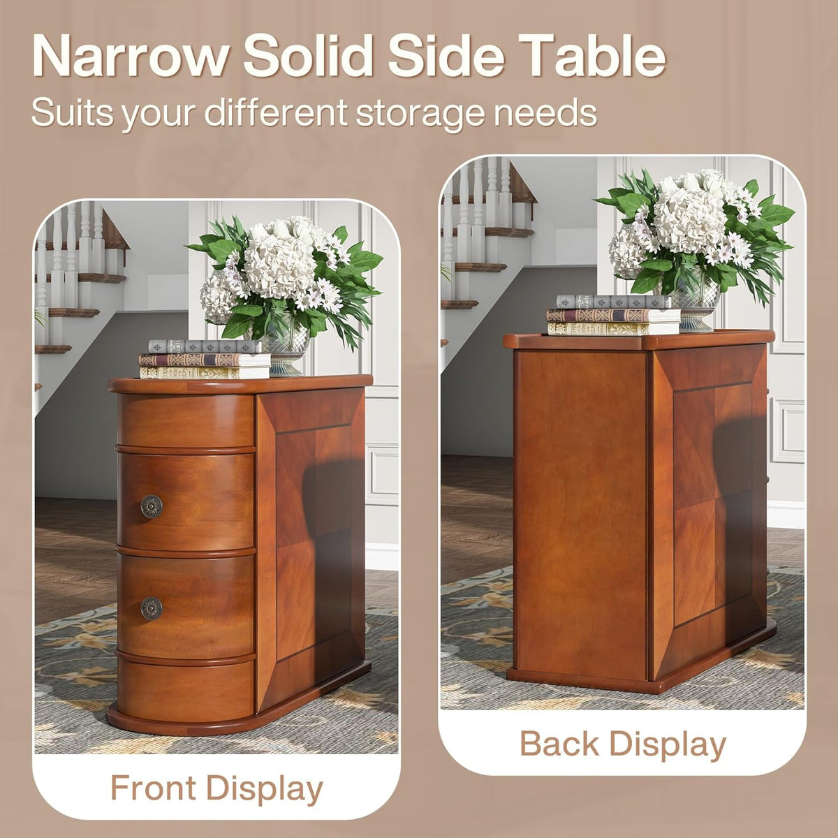 Tribesigns Wooden Side Table Set of 2, Narrow Solid Side Table 2-Drawer Slim Chair Side Table, No Assembly Required, Finished Backing, Walnut