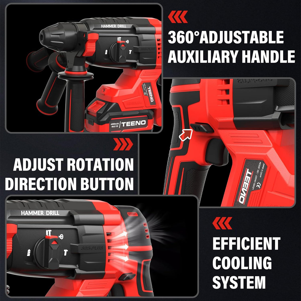 <font dir="auto" style="vertical-align: inherit;"><font dir="auto" style="vertical-align: inherit;">        TEENO Akku Bohrhammer 20V Bürstenloser Motor, 2.6J, 1500RPM & 4850BPM, SDS-Plus, 2×4.0Ah Akku & Schnelladegerät, 3 Funktionen, Anti-Vibration, LED,
