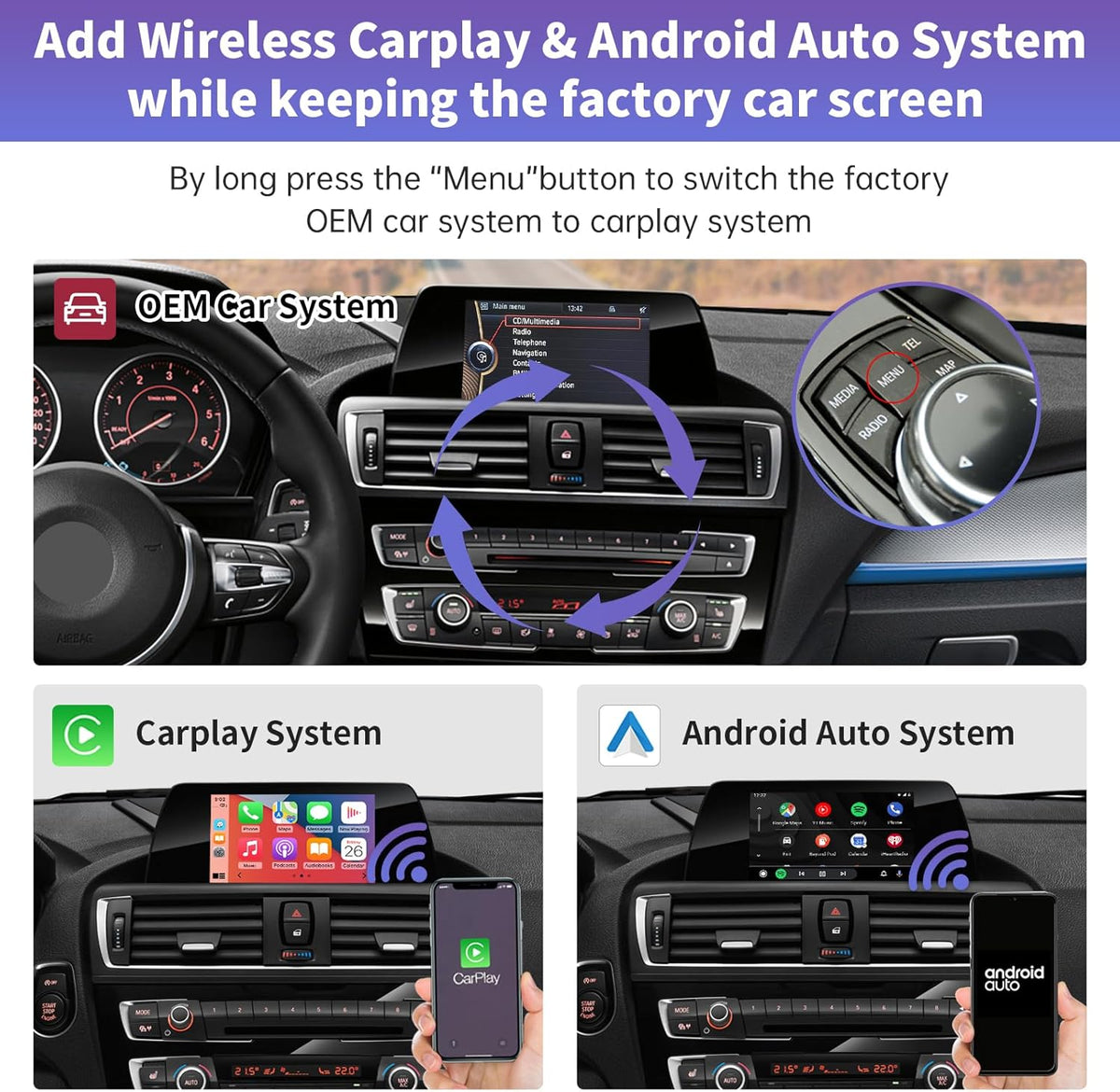 Draadloze CarPlay Android Auto Upgrade – Retrofit Kit Interface – Smartphone Integratie – Auto Multimedia Module – NBT Systeem Decoder – Draadloos Gebruik – Originele Knoppenbediening