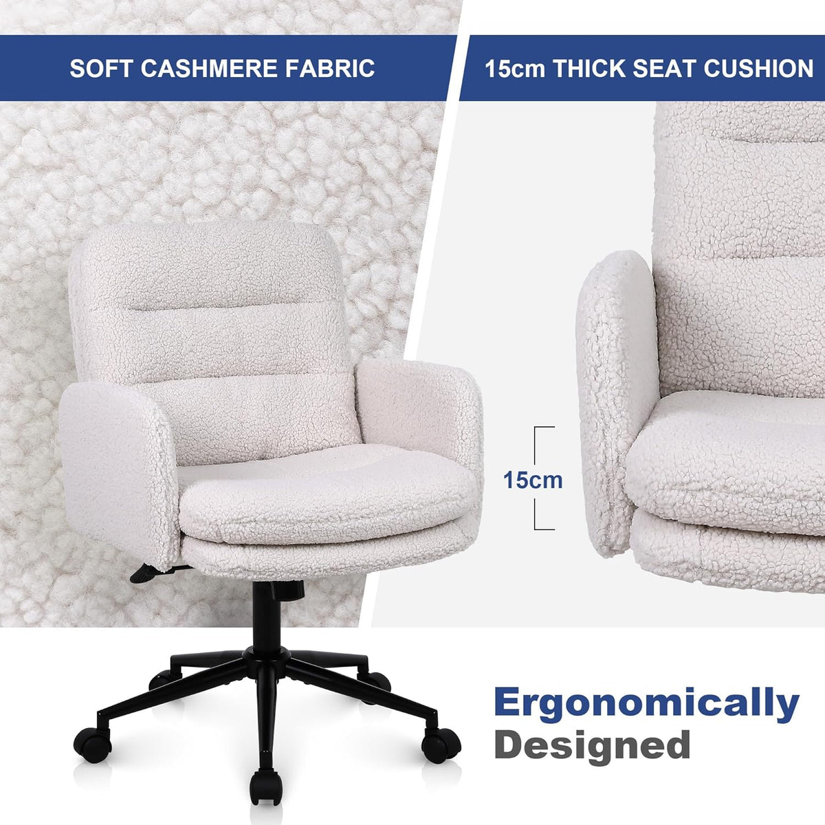 Youhauchair Bureaustoel, Imitatie Kasjmier Office Chair, Comfortabele Make-up Stoel met Verstelbare Hoogte, Ergonomic Chair Bureaustoelen voor Thuis en Slaapkamer, Creme