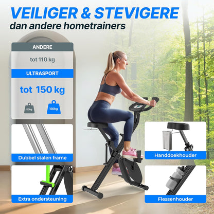 Ultrasport F-Bike Pro Opvouwbare Hometrainer tot 150 KG, met 16 Weerstandsniveaus, Comfortabel Zadel, Extra Stil I Opvouwbare Indoor Hometrainer, Fitnessfietsen, Grijs-Zwart