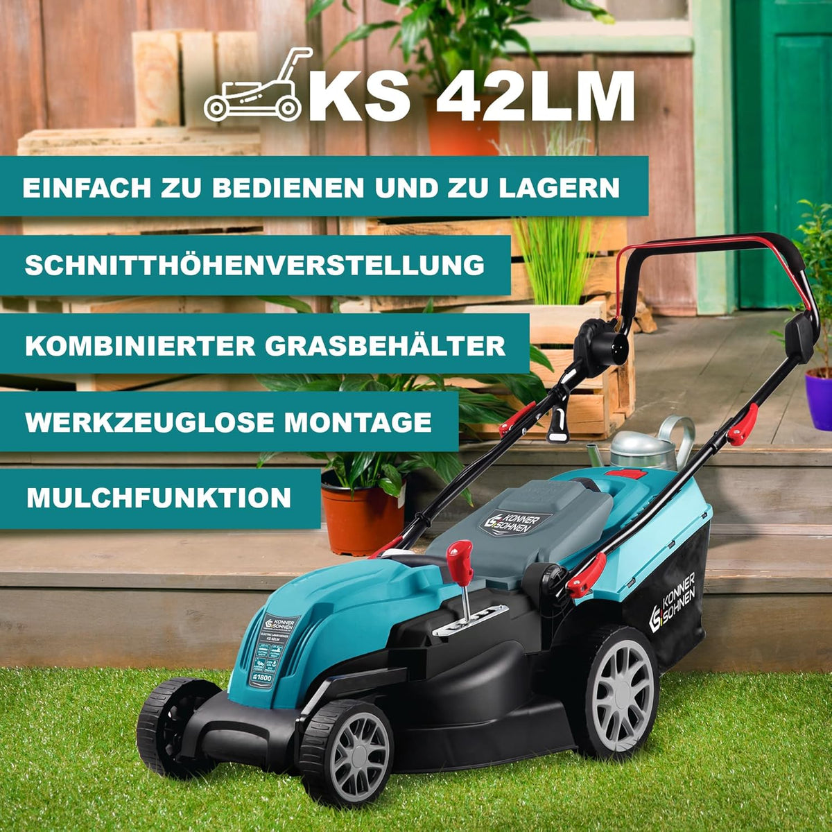 K&S Könner & Söhnen KS 42LM Elektrische grasmaaier, 1800 W, 420 mm maaibreedte, 25-80 mm maaihoogte, 5 standen, grasopvangbak van 40 liter, mulchfunctie