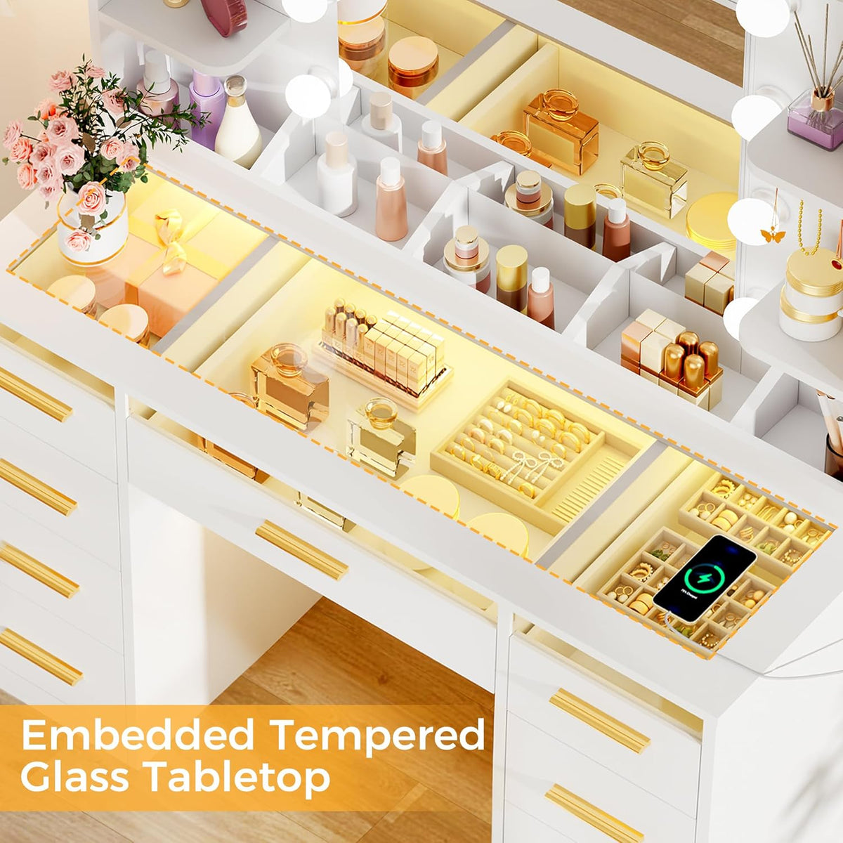 ANWBROAD Makeup Table with Mirror and Adjustable LED Lighting, 3 Colours, Transparent Glass Pane, Large Dressing Table with Socket, 9 RGB Drawers, 4 Shelves, White BDT95W - QUORE