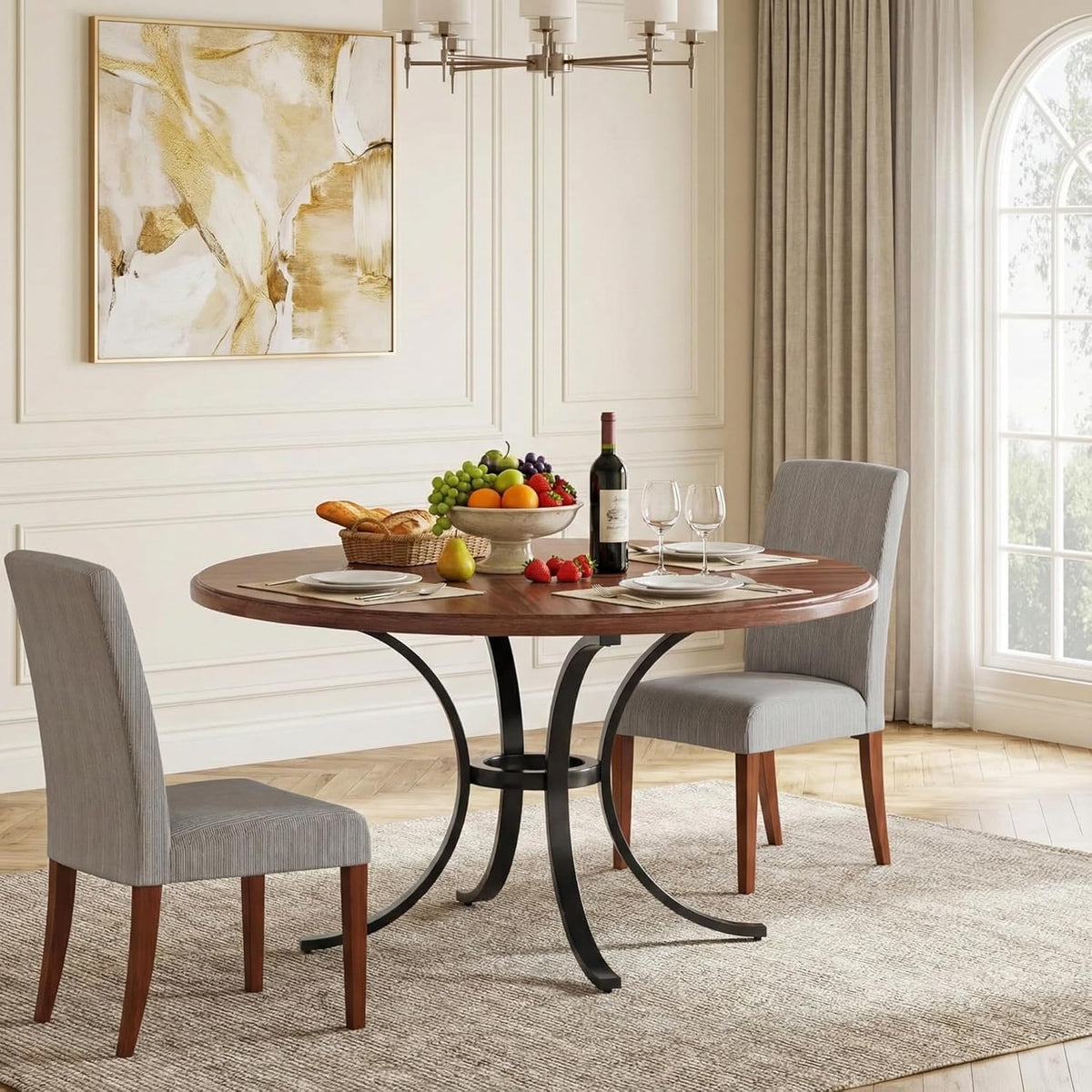 Ronde Eettafel – Ronde Tafel – Eettafel Rond – Keukentafel Rond – Tafel 120 cm – Voor 4-6 Personen – Stijlvol Houtfineer – Stevig Stalen Onderstel - QUORE