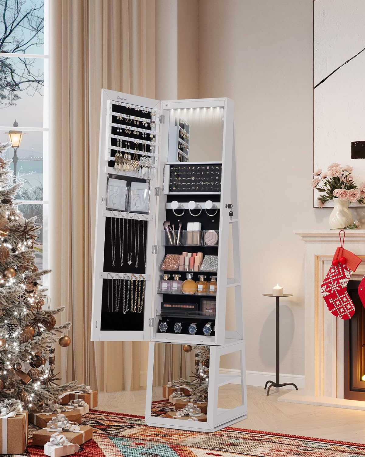 Hzuaneri Jewellery cabinet, with 360° rotating base, lockable mirror in full length, large 4-stage storage compartments, 4-in-1 multifunctional, white and black JC16003B