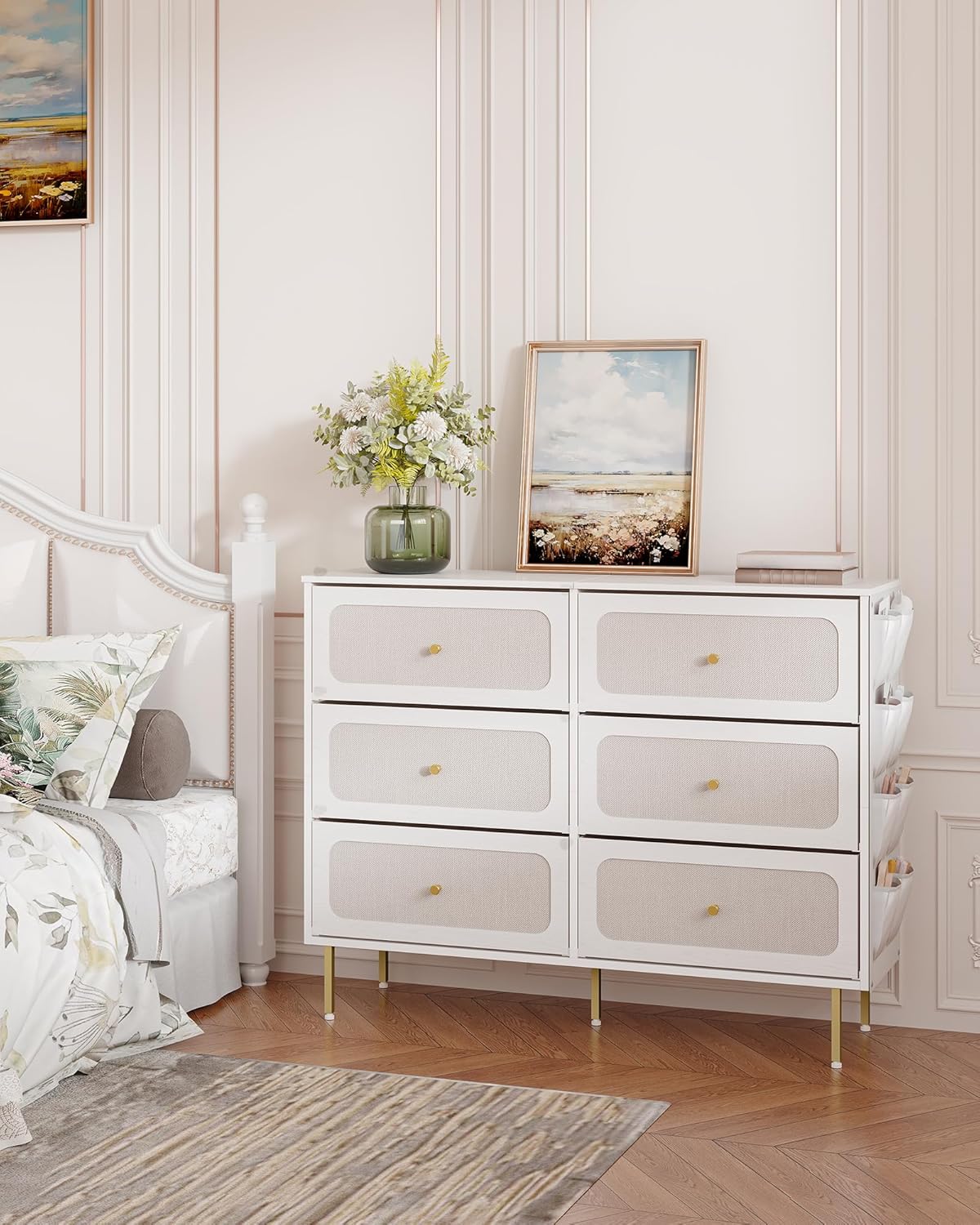 Hzuaneri Chest of Drawers 110 cm, Cabinet with 6 Fabric Drawers, Multifunctional Dresser with Fabric Bag, Metal Frame, 30 x 110 x 85 cm, for Living Room and Bedroom, Modern, White Gold DU25813AW