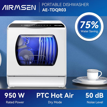 AIRMSEN Mini-vaatwasser met 5 + 1 programma's, tank van 5 liter, 2 watervoorzieningsmogelijkheden, touch-bediening en led-display, ideaal voor familiekeuken, woningen, wit
