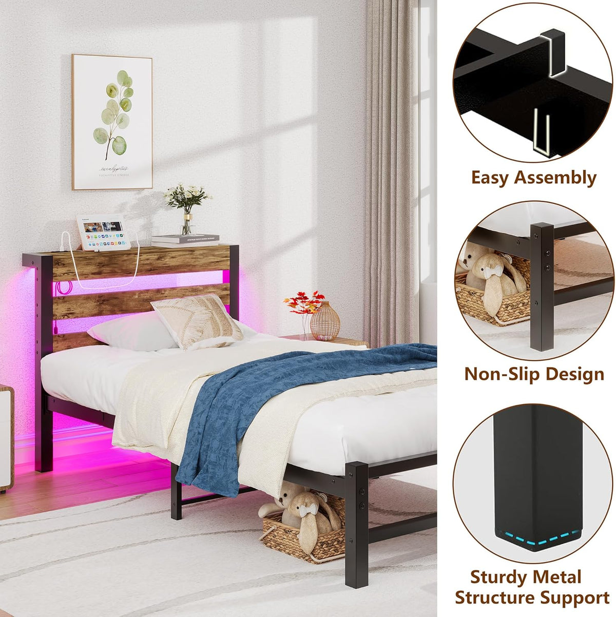 HOMERECOMMEND 3ft eenpersoonsbedframe met USB-laadstation, LED-bedframe met houten opberghoofdeinde, metalen platformbedframe enkele maat, geen boxspring nodig, ondersteuning voor sterke latten