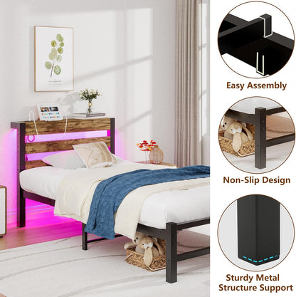 HOMERECOMMEND 3ft eenpersoonsbedframe met USB-laadstation, LED-bedframe met houten opberghoofdeinde, metalen platformbedframe enkele maat, geen boxspring nodig, ondersteuning voor sterke latten