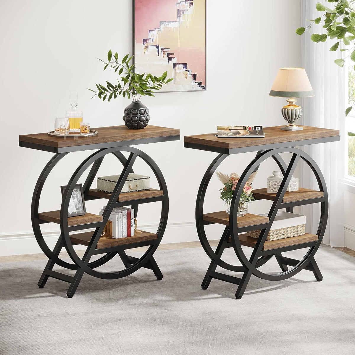Tribesigns 3 Tier Side Table, Narrow Wood, 65 x 30 cm, Sofa Table with Storage Space, Industrial Small Side Table for Living Room, Smart Bedside Table for Bedroom (2 Pack)
