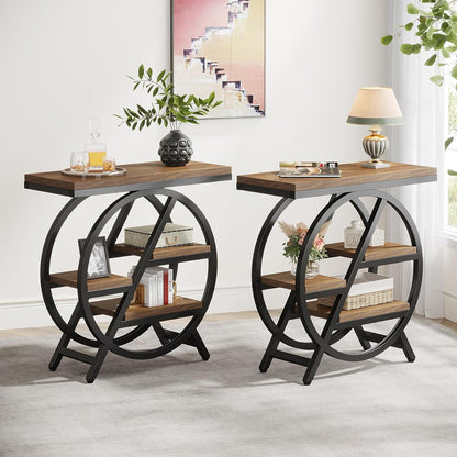 Tribesigns 3 Tier Side Table, Narrow Wood, 65 x 30 cm, Sofa Table with Storage Space, Industrial Small Side Table for Living Room, Smart Bedside Table for Bedroom (2 Pack)